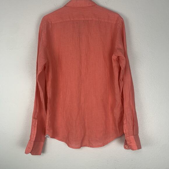 Pauawa Shirt Womens Large Linen Button Down Striped Floral Coastal Beachy Coral - Picture 6 of 11